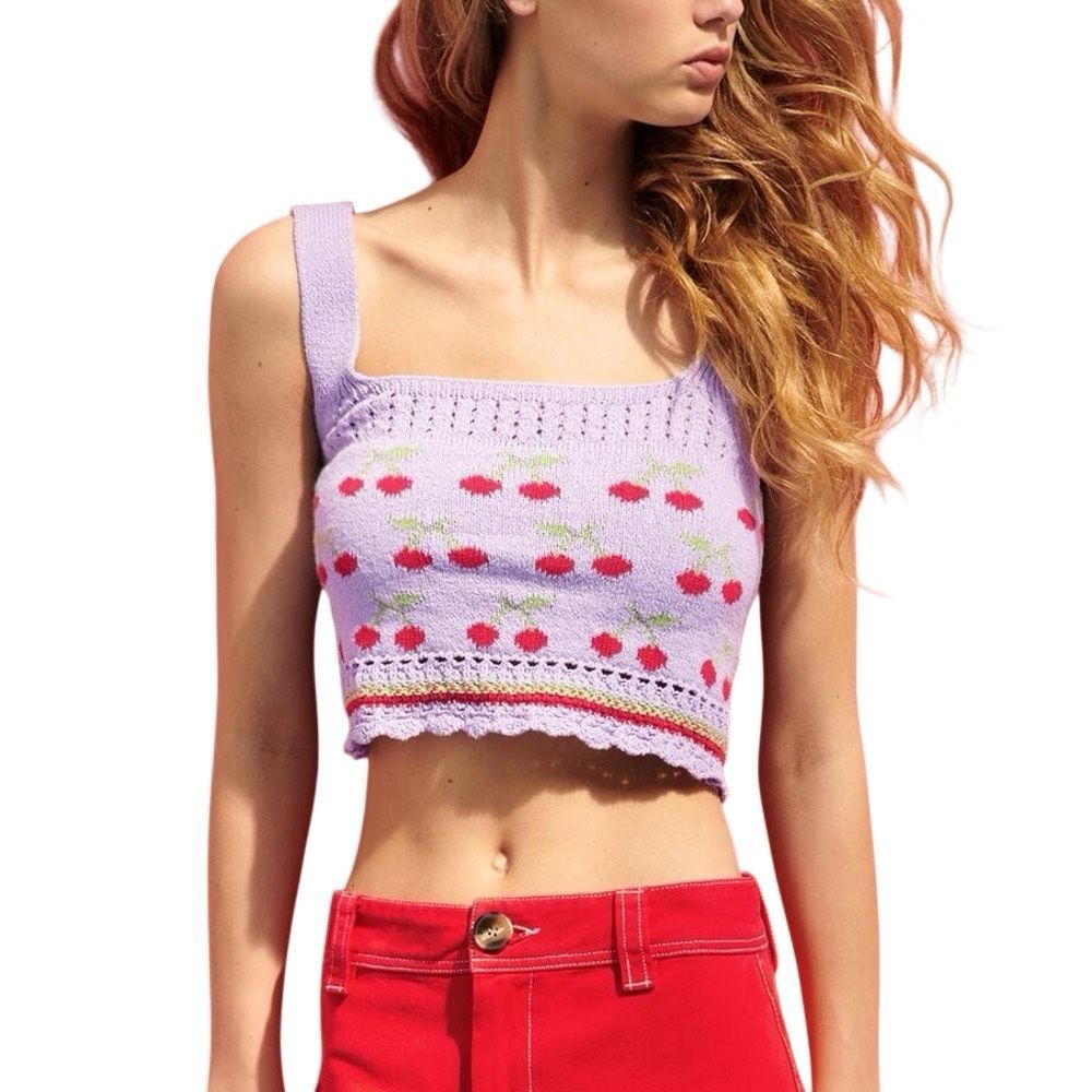 ZARA Knit Purple Cherries Crop Top Medium